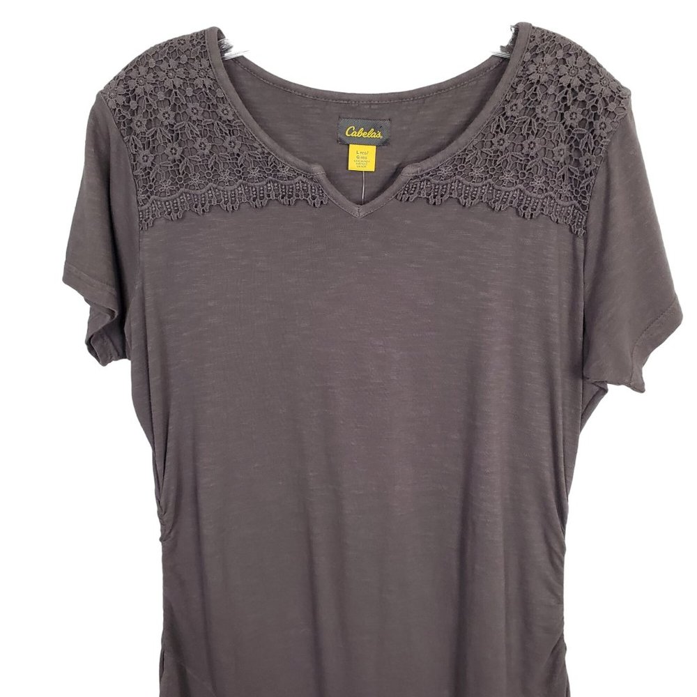 Cabelas NWT Womens Size L Dress Rosemont Side Ruched Cotton Long Lace Brown Gray - Picture 3 of 15